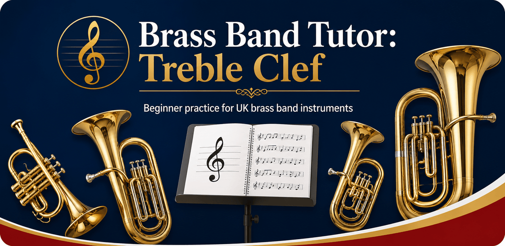 Brass Band Tutor banner with brass instruments and music stand