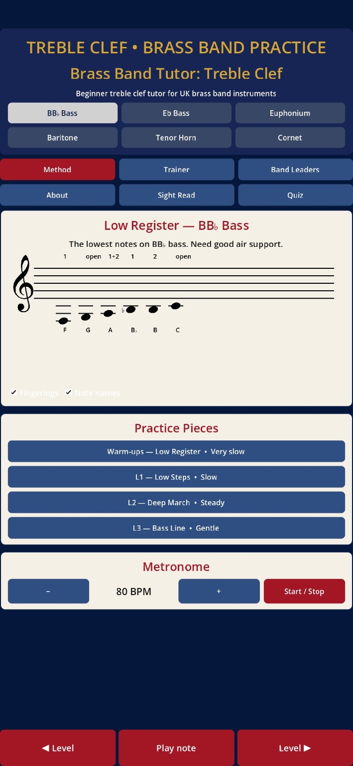 Method screen with BB flat bass low register notes
