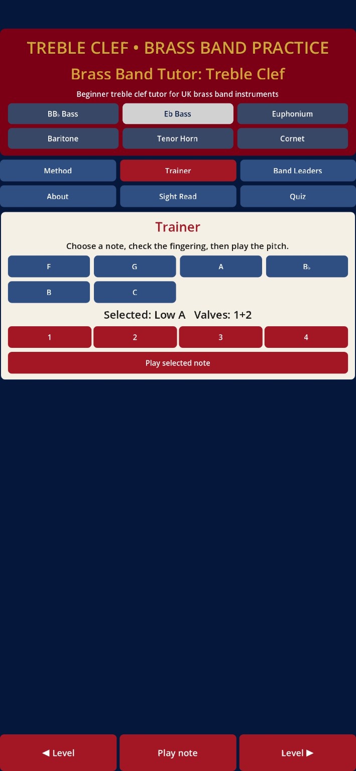 Trainer screen showing selected note and valves